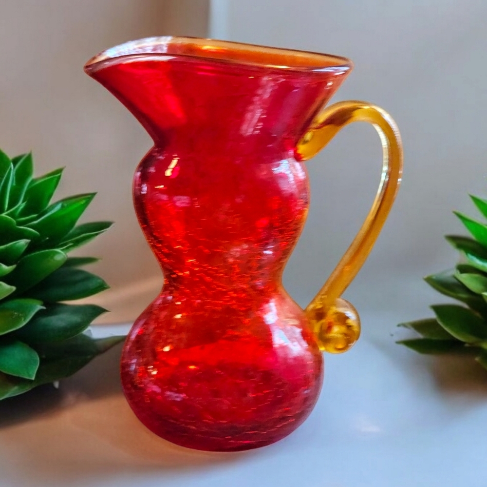 Vintage Red Amberina 2 Bulb Crackle Glass Pitcher Yellow Handle 7.5inch